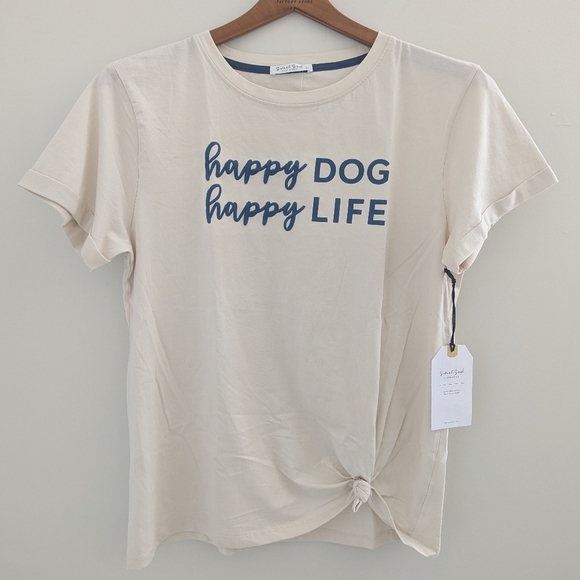 NWT Embroidered Cuffed Sleeves T Shirt WOMENS M/ L Happy Dog Happy Life Beige - Picture 11 of 13